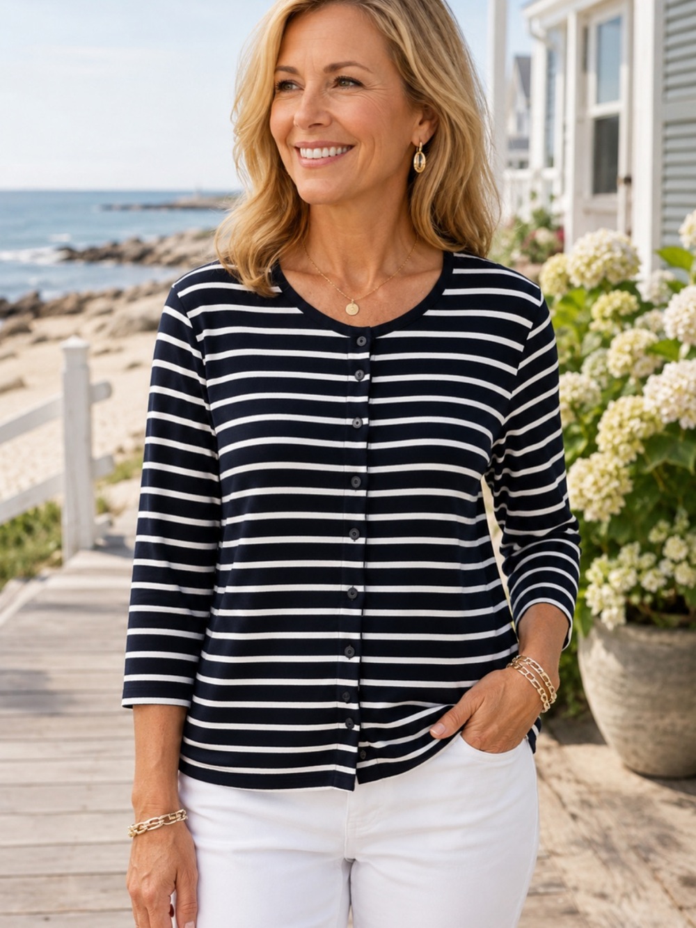Ann Taylor Navy White Striped Button Front Cardigan Top 3/4 Sleeve Medium Cotton